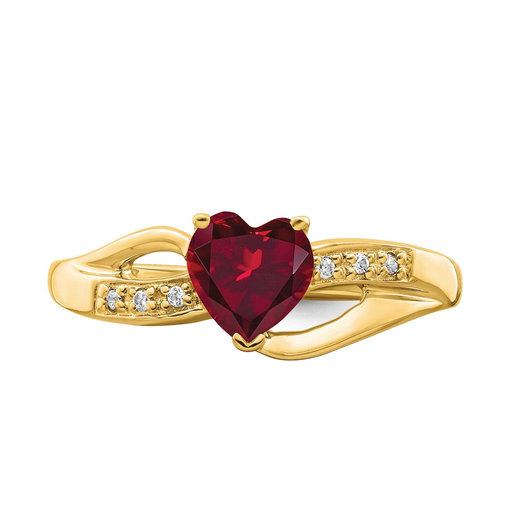 14K Yellow Gold Created Ruby and Real Diamond Heart Ring