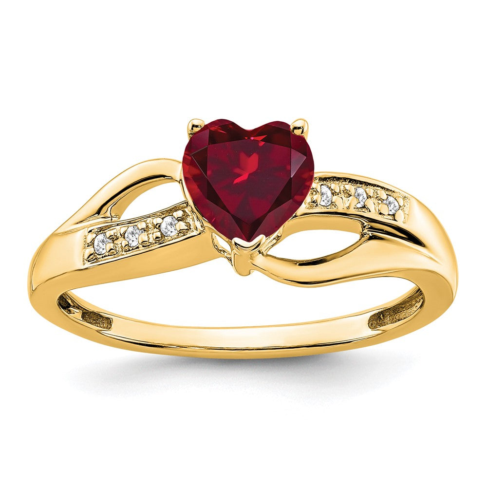 14K Yellow Gold Created Ruby and Real Diamond Heart Ring