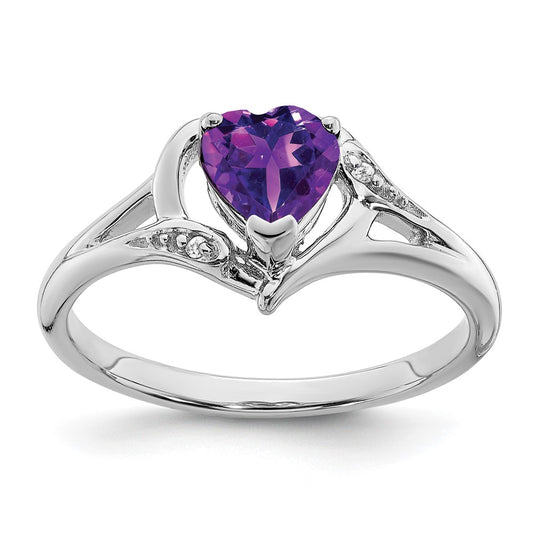 Solid 14k White Gold Simulated Amethyst and CZ Heart Ring