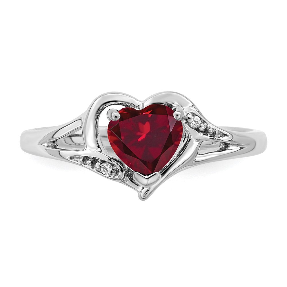 14k White Gold Created Ruby and Real Diamond Heart Ring