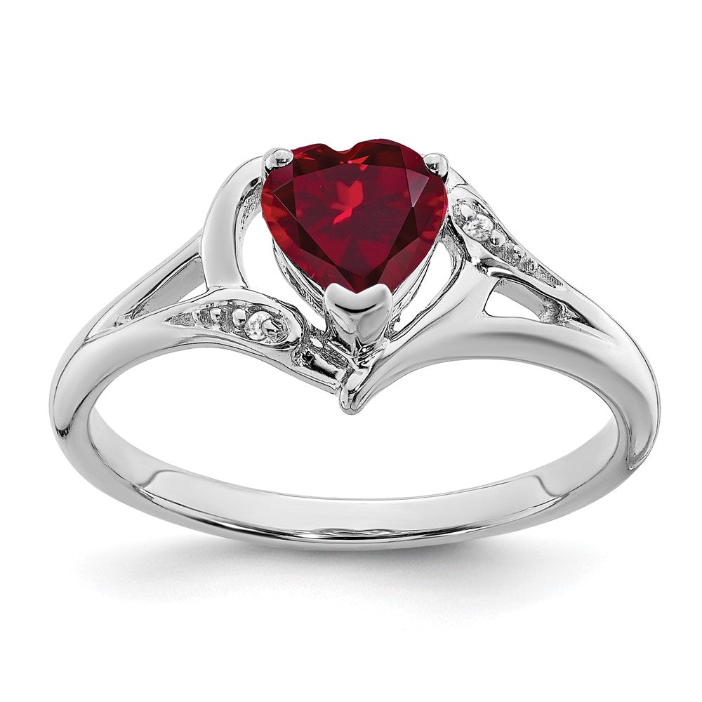 14k White Gold Created Ruby and Real Diamond Heart Ring