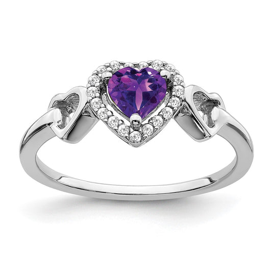 Solid 14k White Gold Simulated Amethyst and CZ Heart Ring