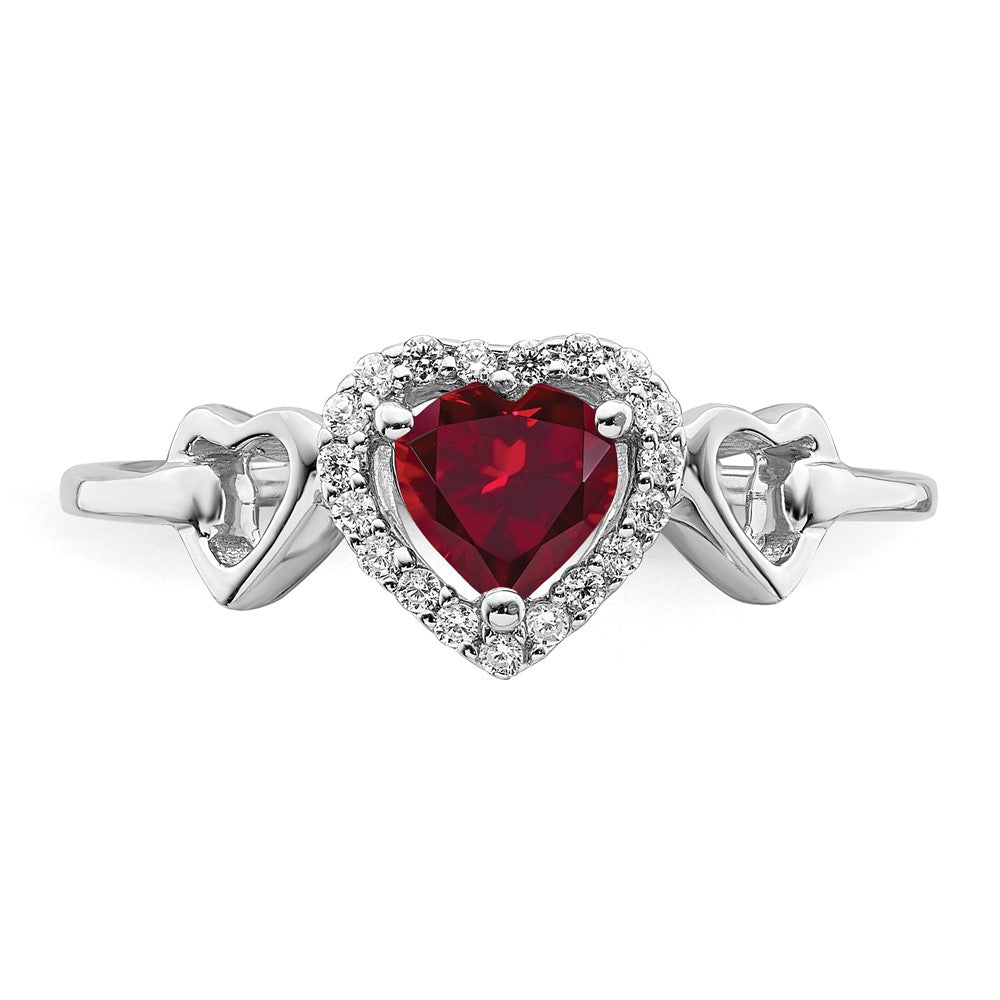 14k White Gold Created Ruby and Real Diamond Heart Ring