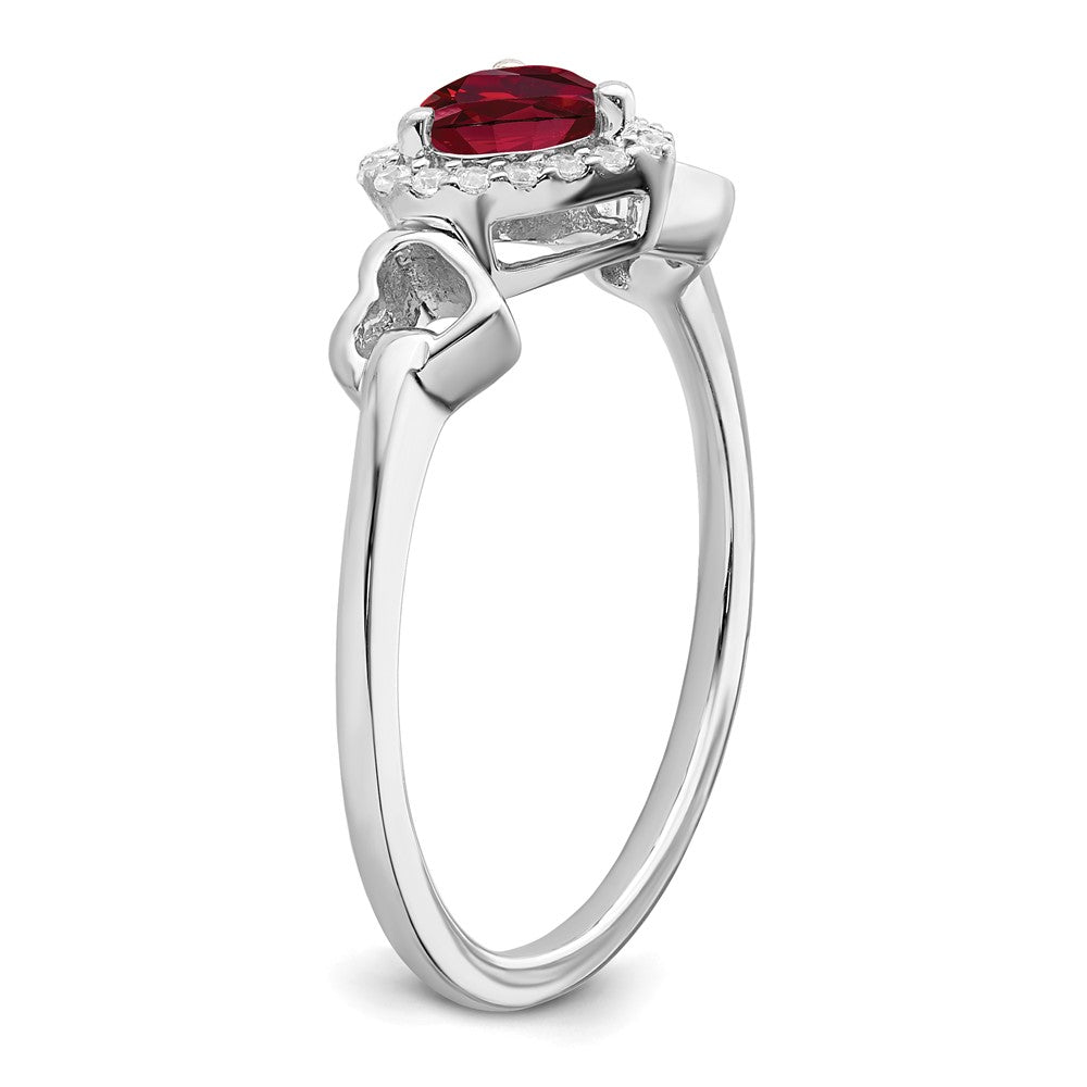 14k White Gold Created Ruby and Real Diamond Heart Ring