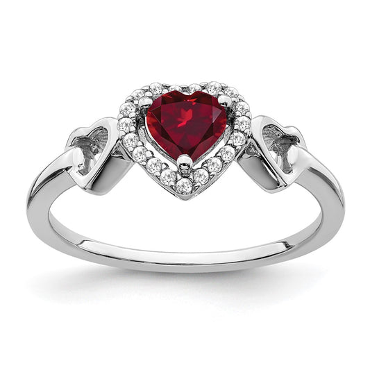 14k White Gold Created Ruby and Real Diamond Heart Ring