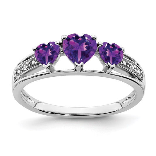 Solid 14k White Gold Simulated Amethyst and CZ Heart Ring