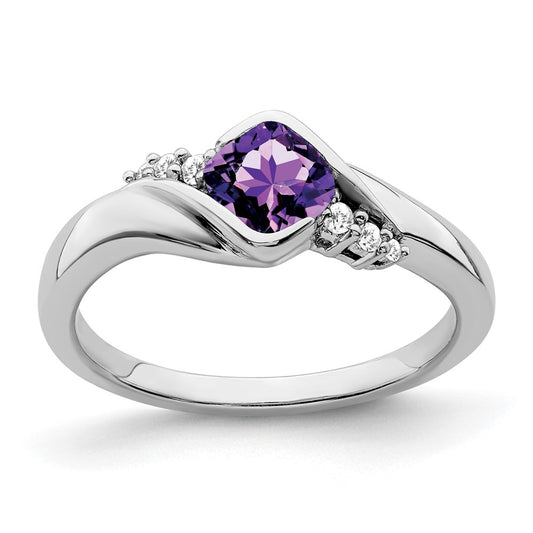 Solid 14k White Gold Simulated Amethyst and CZ Ring