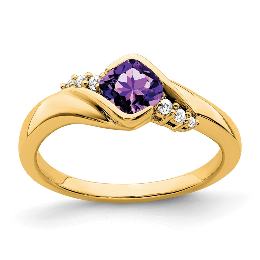 Solid 14k Yellow Gold Simulated Amethyst and CZ Ring