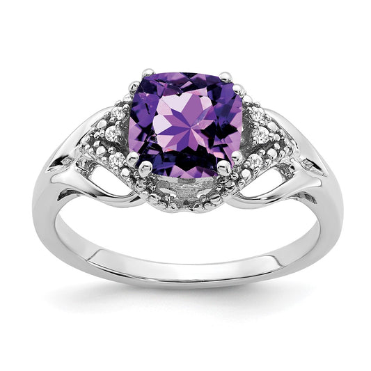 Solid 14k White Gold Simulated Amethyst and CZ Ring