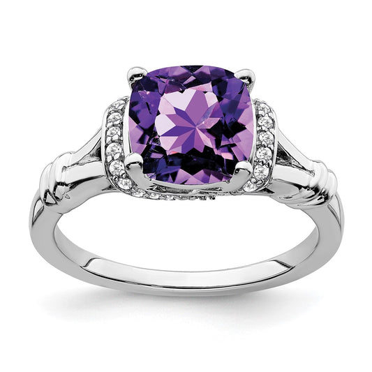 Solid 14k White Gold Simulated Amethyst and CZ Ring