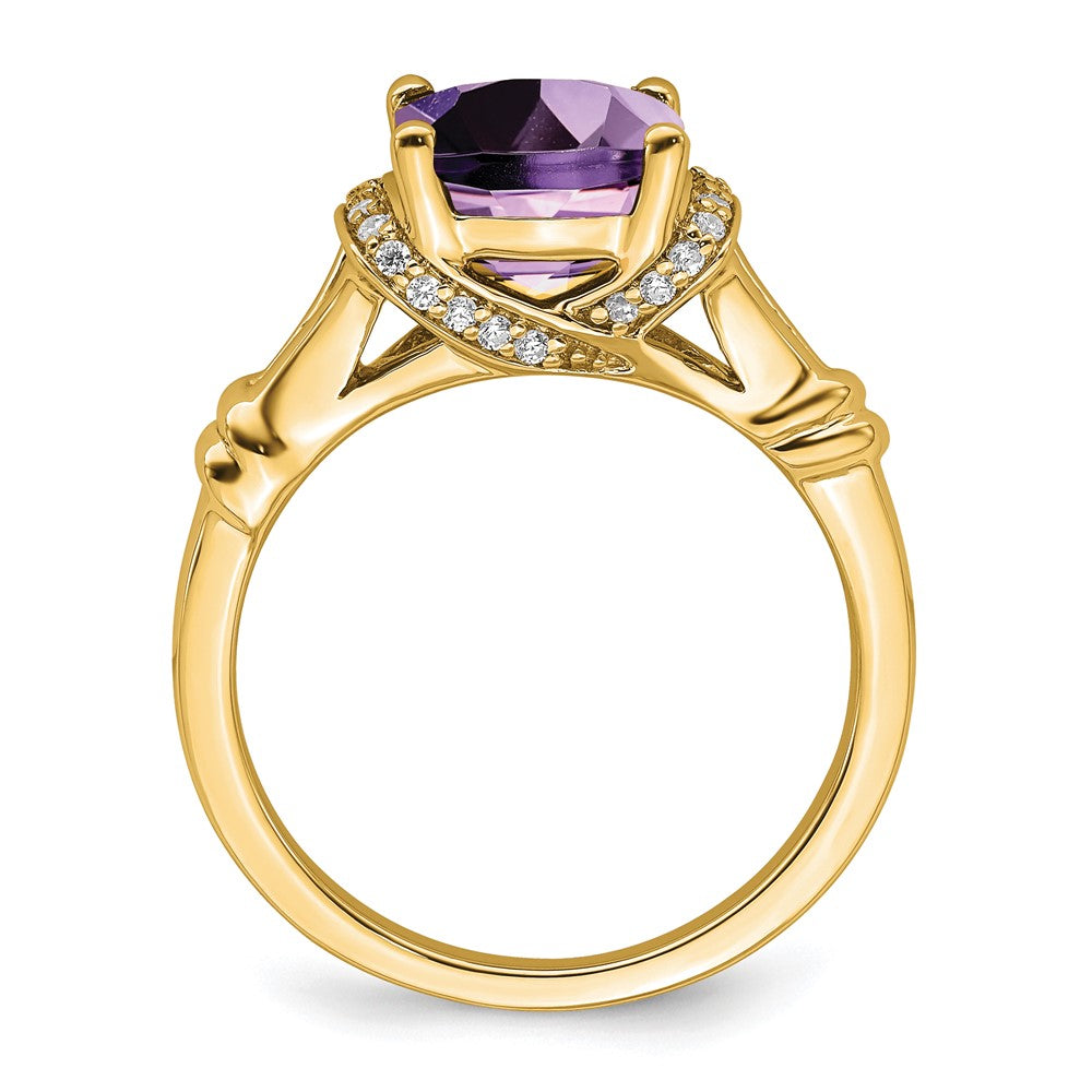 Solid 14k Yellow Gold Simulated Amethyst and CZ Ring