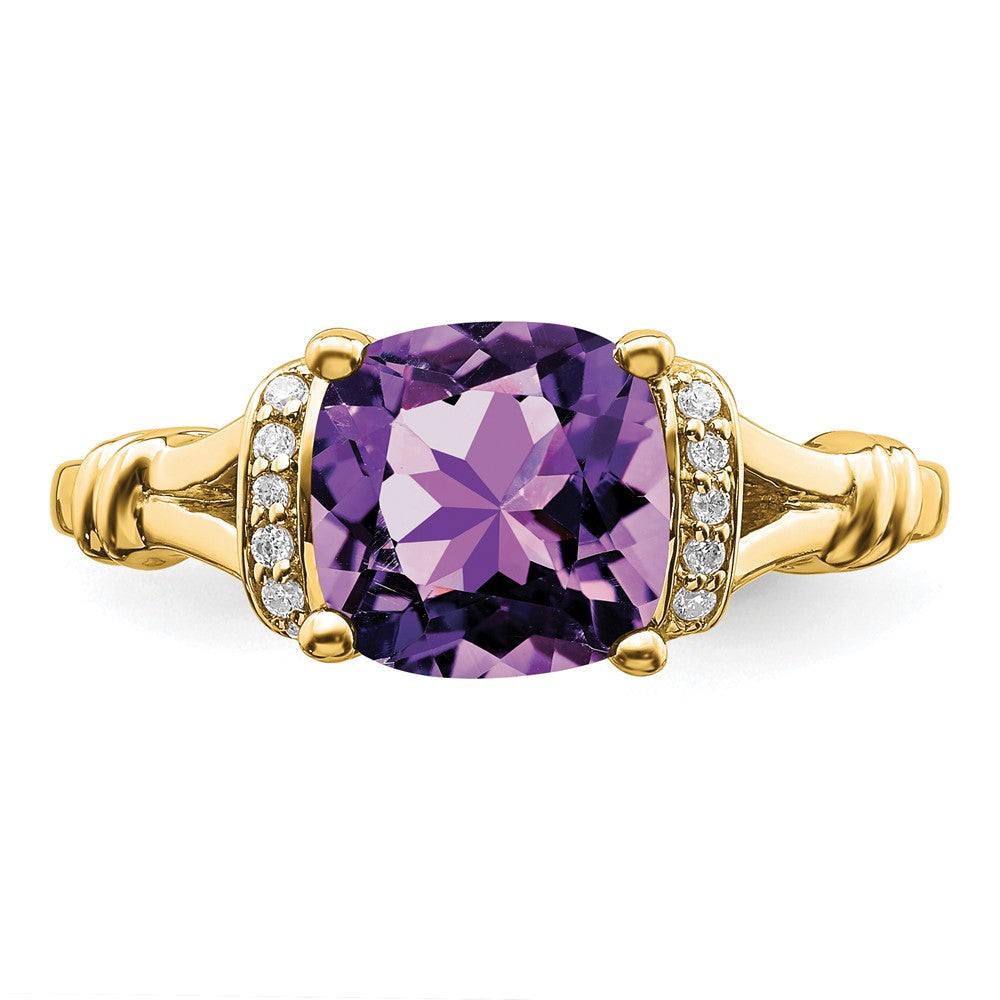 Solid 14k Yellow Gold Simulated Amethyst and CZ Ring