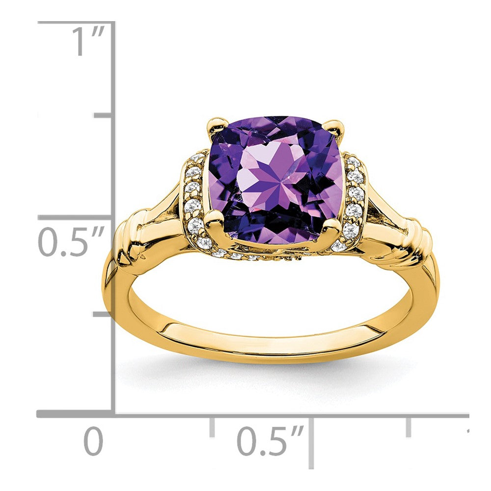 Solid 14k Yellow Gold Simulated Amethyst and CZ Ring