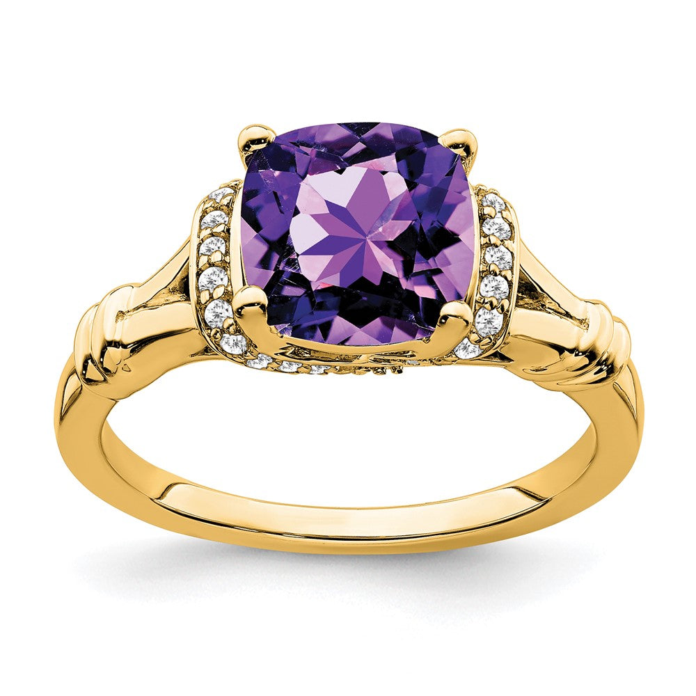 Solid 14k Yellow Gold Simulated Amethyst and CZ Ring