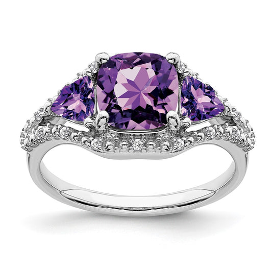 Solid 14k White Gold Simulated Amethyst and CZ Ring