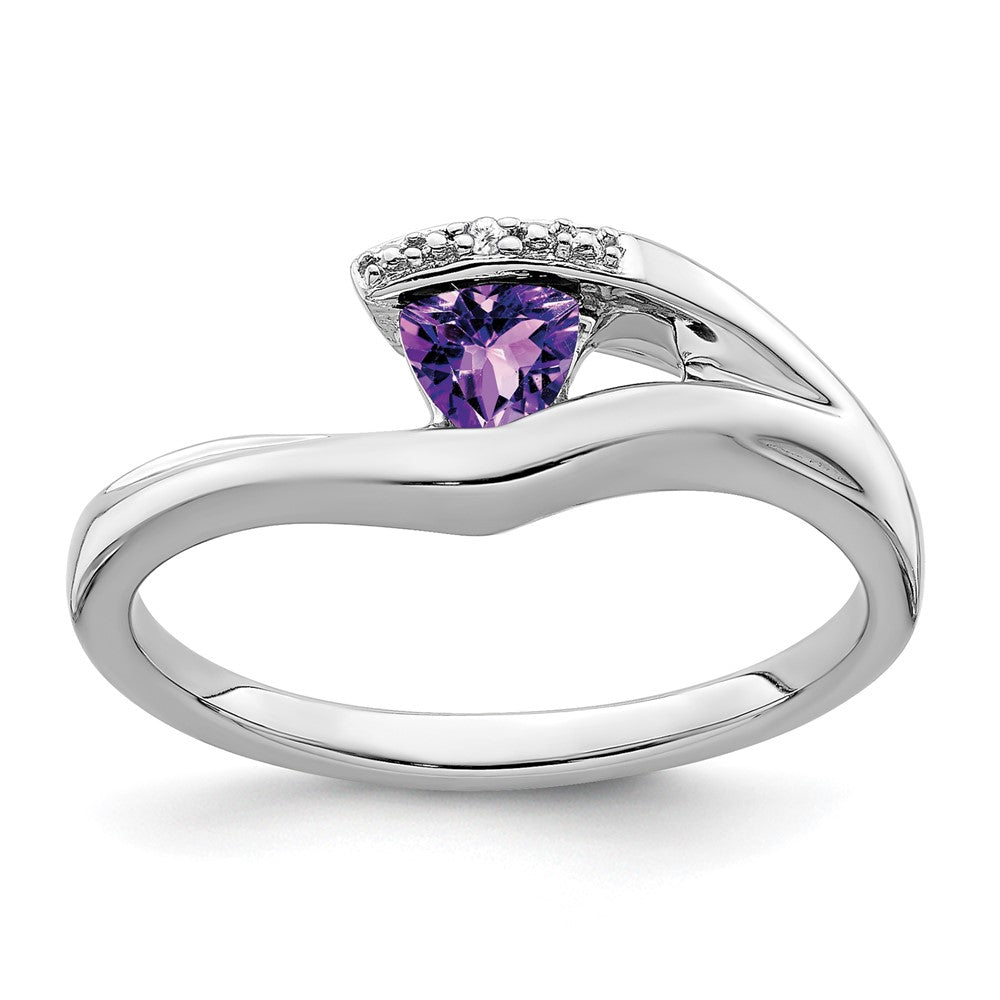 Solid 14k White Gold Trillion Simulated Amethyst and CZ Ring