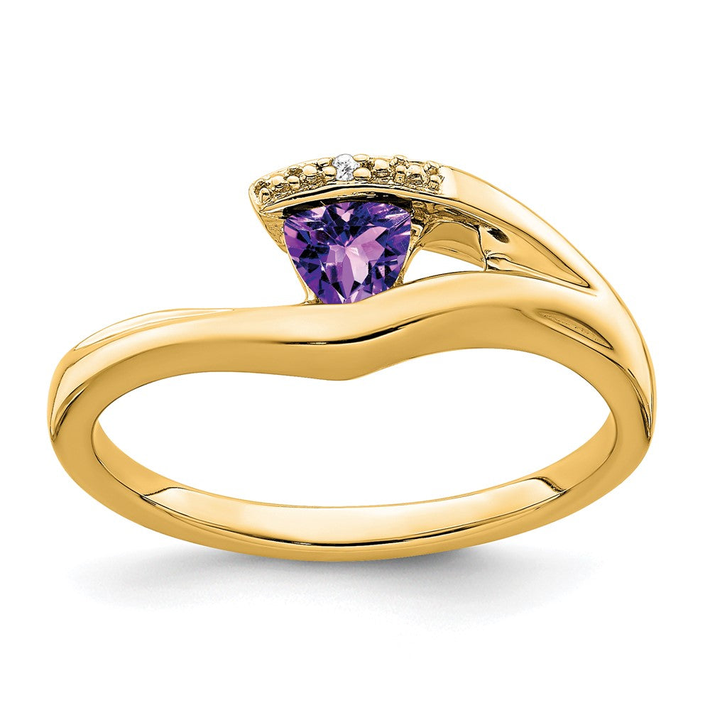 Solid 14k Yellow Gold Trillion Simulated Amethyst and CZ Ring