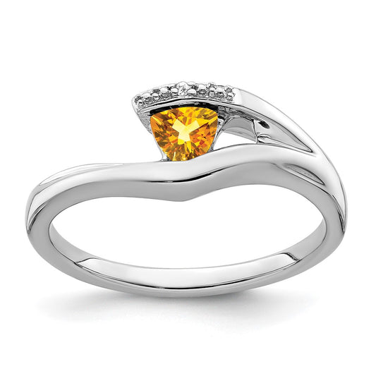 Solid 14k White Gold Trillion Simulated Citrine and CZ Ring