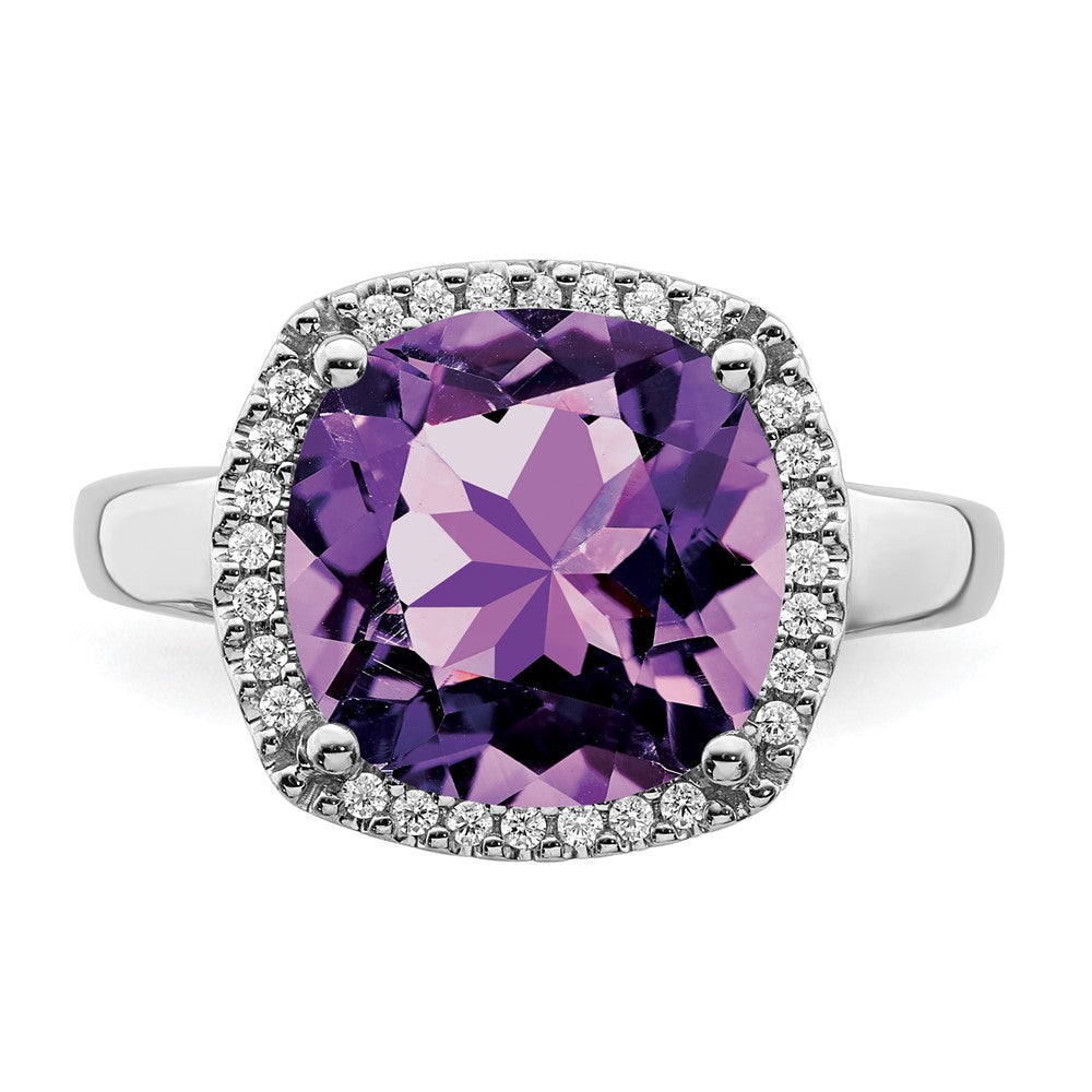 Solid 14k White Gold Simulated Amethyst and CZ Ring