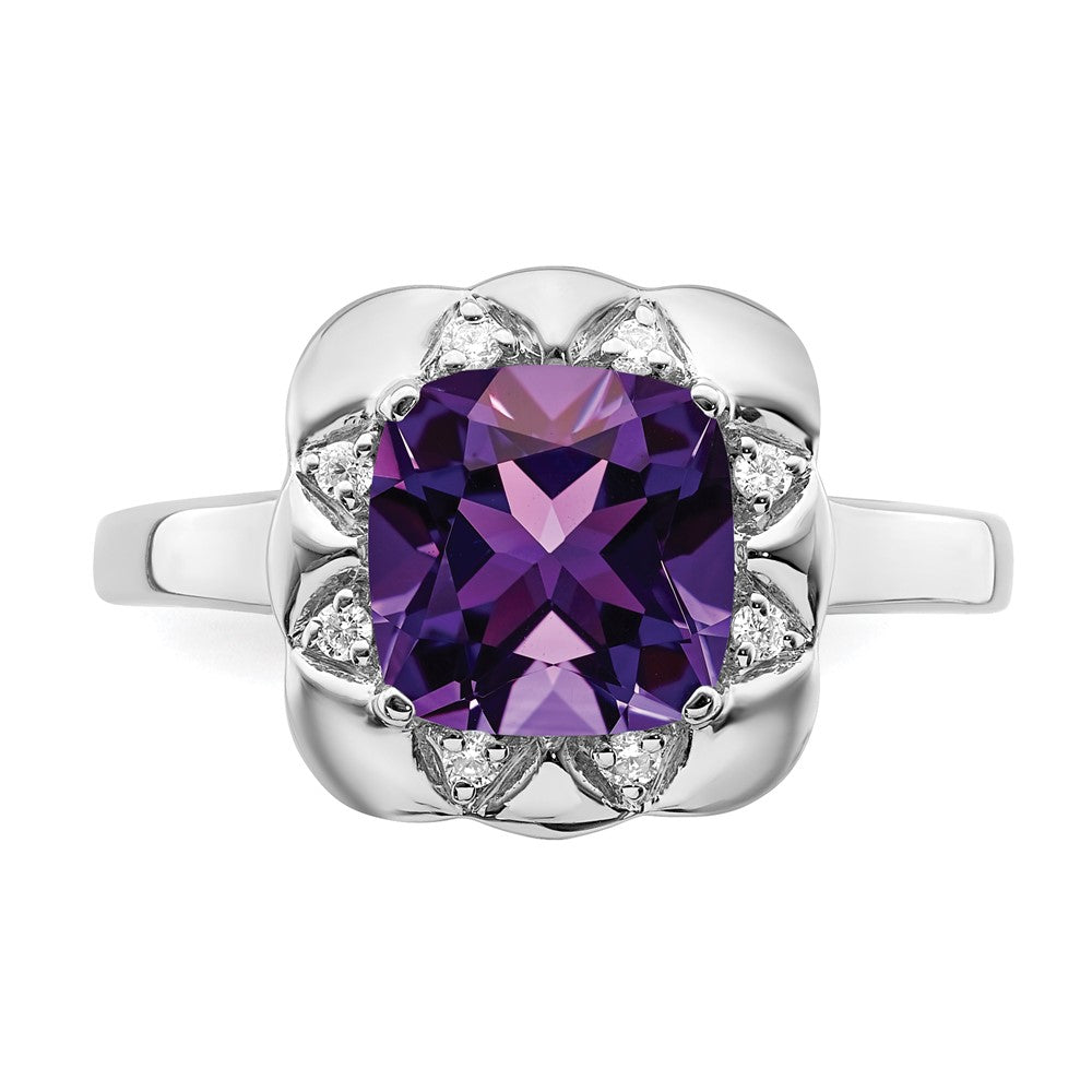 Solid 14k White Gold Simulated Amethyst and CZ Ring