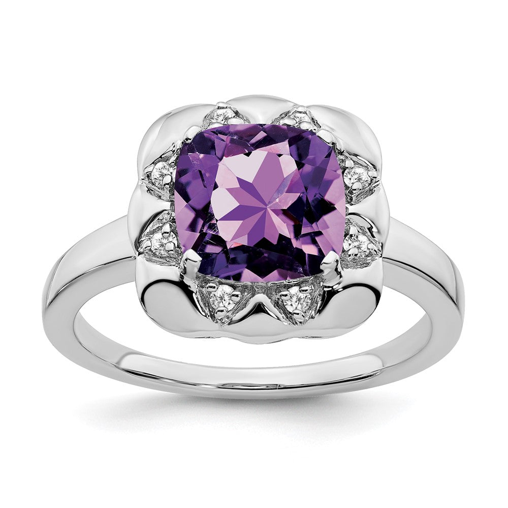 Solid 14k White Gold Simulated Amethyst and CZ Ring