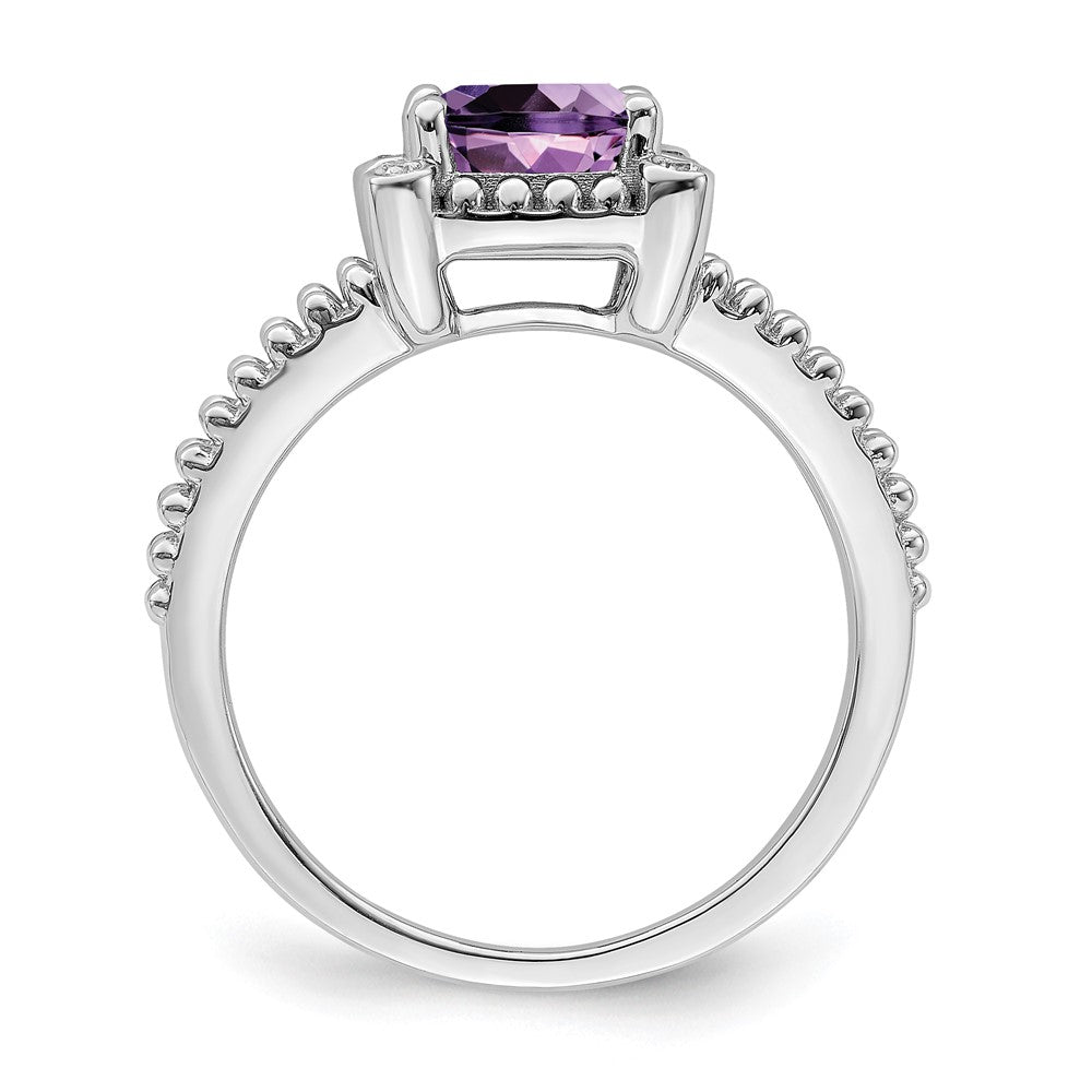 14k White Gold Cushion Amethyst and Real Diamond Ring