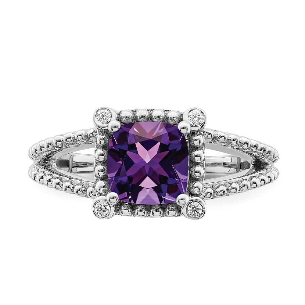 14k White Gold Cushion Amethyst and Real Diamond Ring