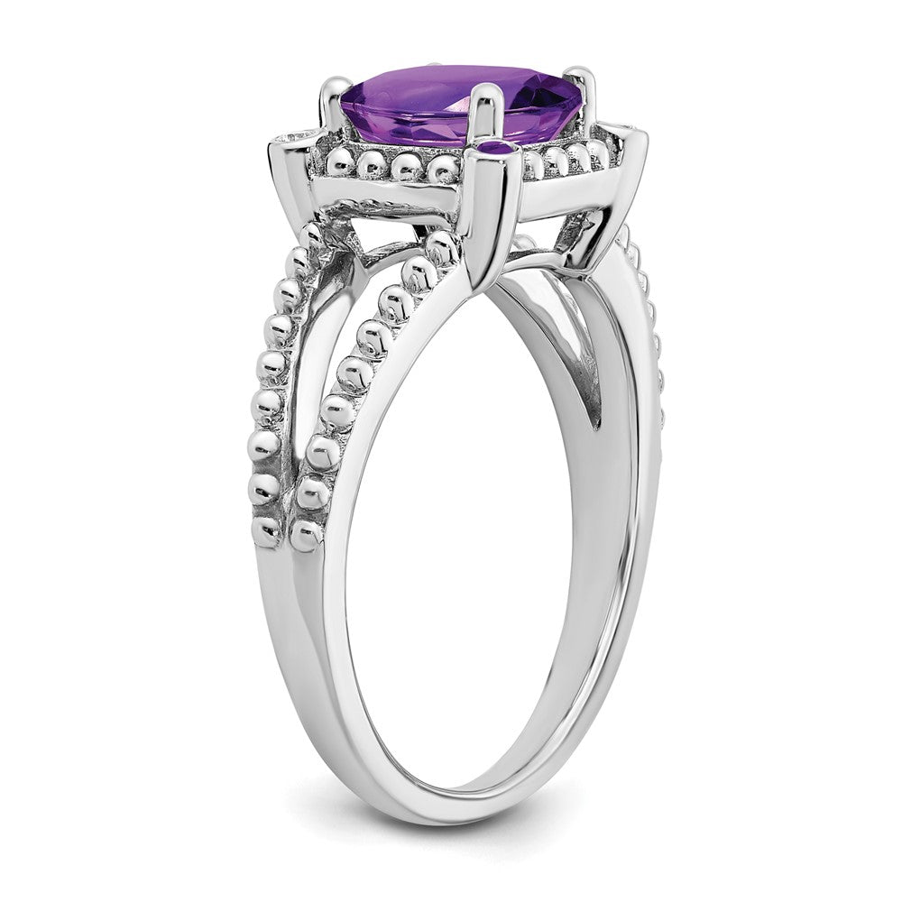 14k White Gold Cushion Amethyst and Real Diamond Ring