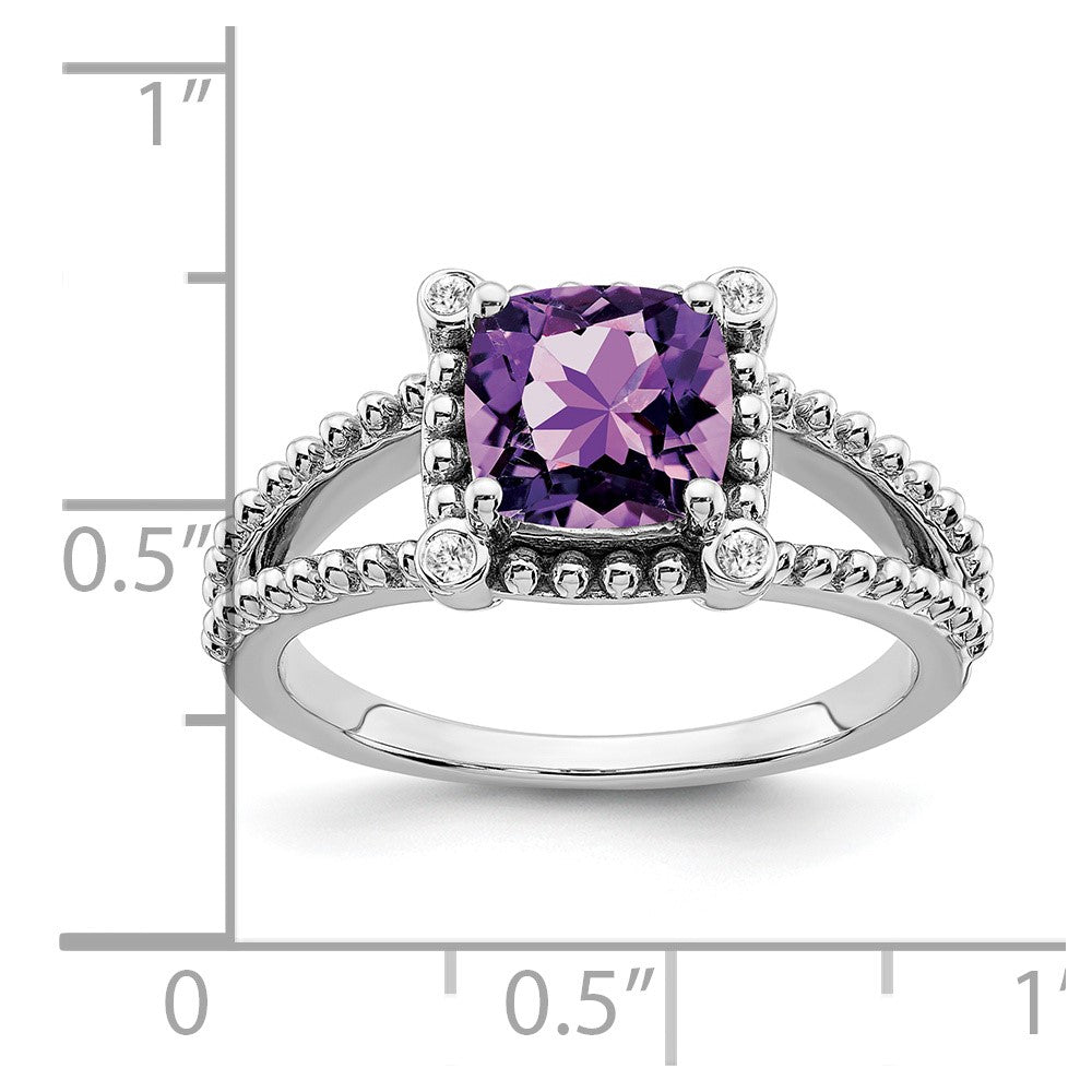 Solid 14k White Gold Cushion Simulated Amethyst and CZ Ring