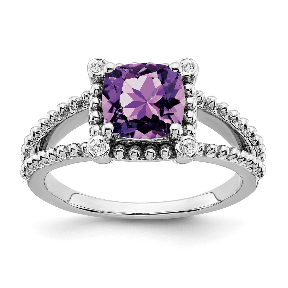 Solid 14k White Gold Cushion Simulated Amethyst and CZ Ring