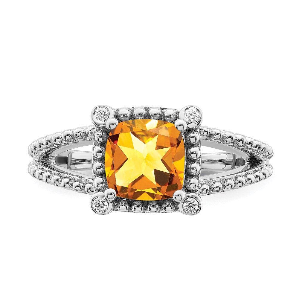 14k White Gold Cushion Citrine and Real Diamond Ring