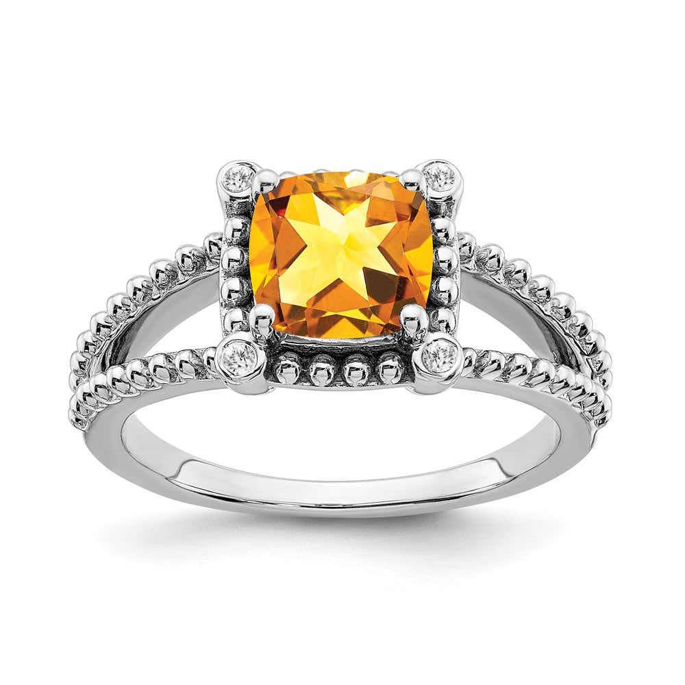 Solid 14k White Gold Cushion Simulated Citrine and CZ Ring