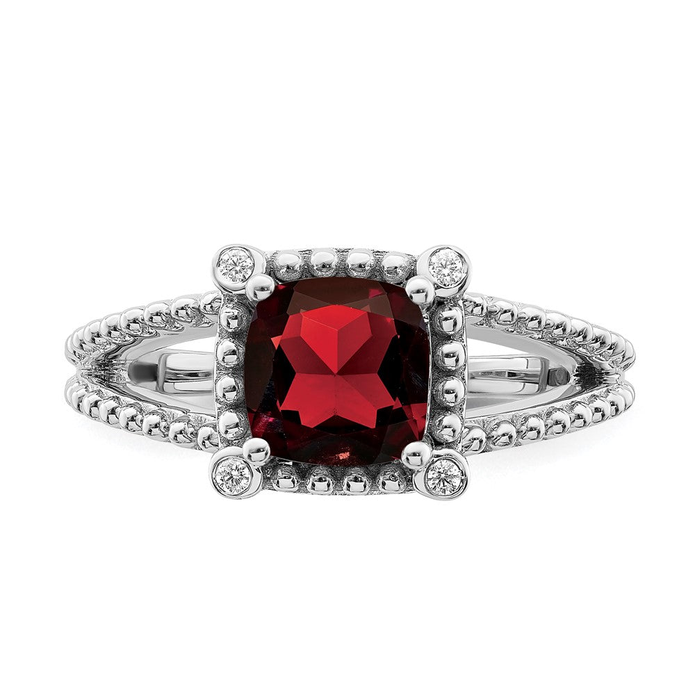 14k White Gold Cushion Garnet and Real Diamond Ring