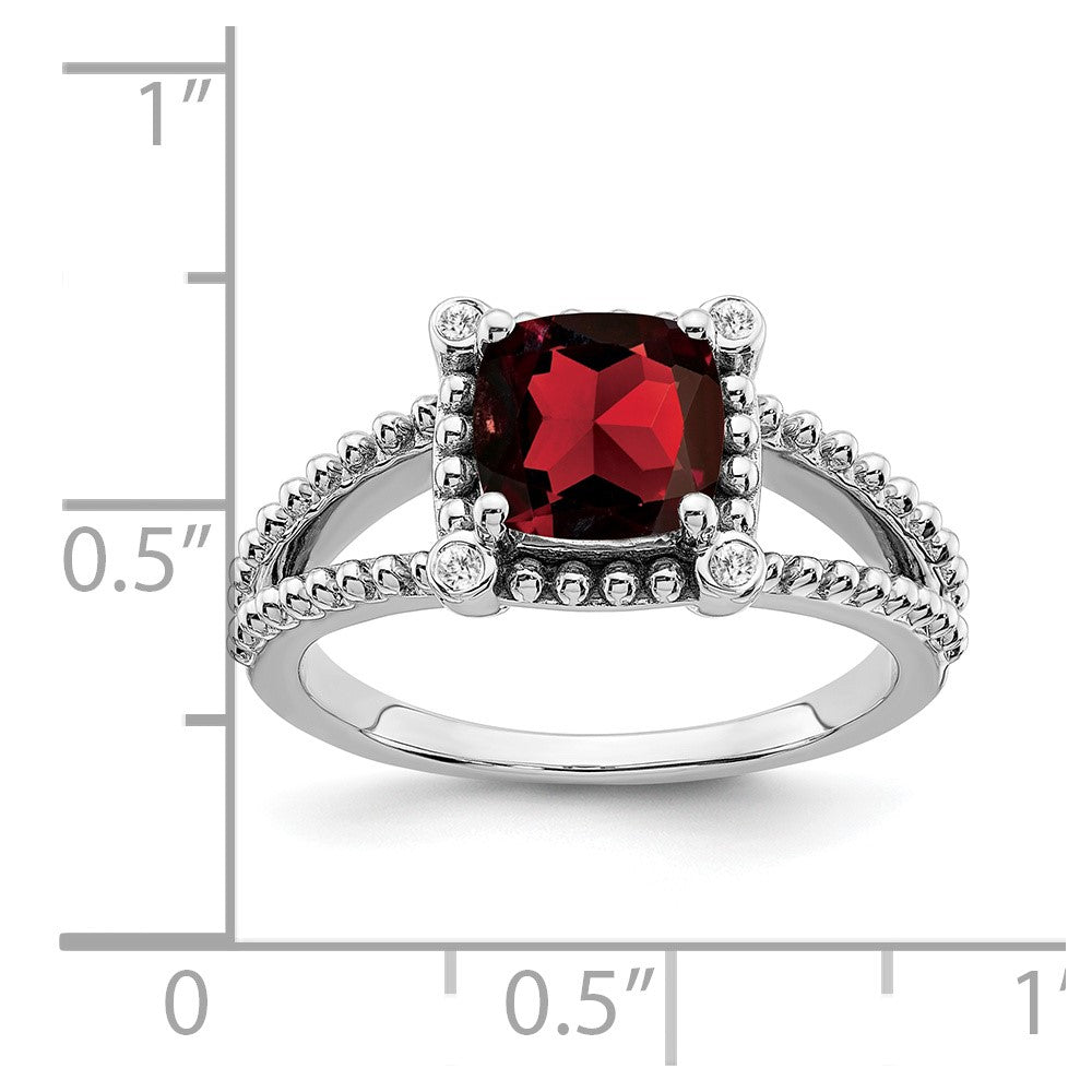 14k White Gold Cushion Garnet and Real Diamond Ring