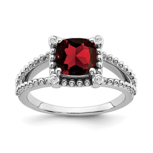 14k White Gold Cushion Garnet and Real Diamond Ring