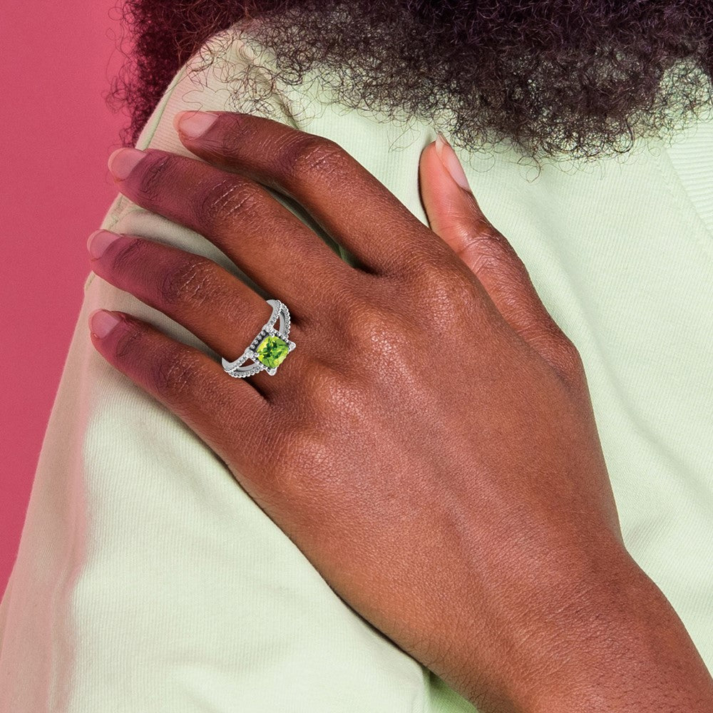 14k White Gold Cushion Peridot and Real Diamond Ring