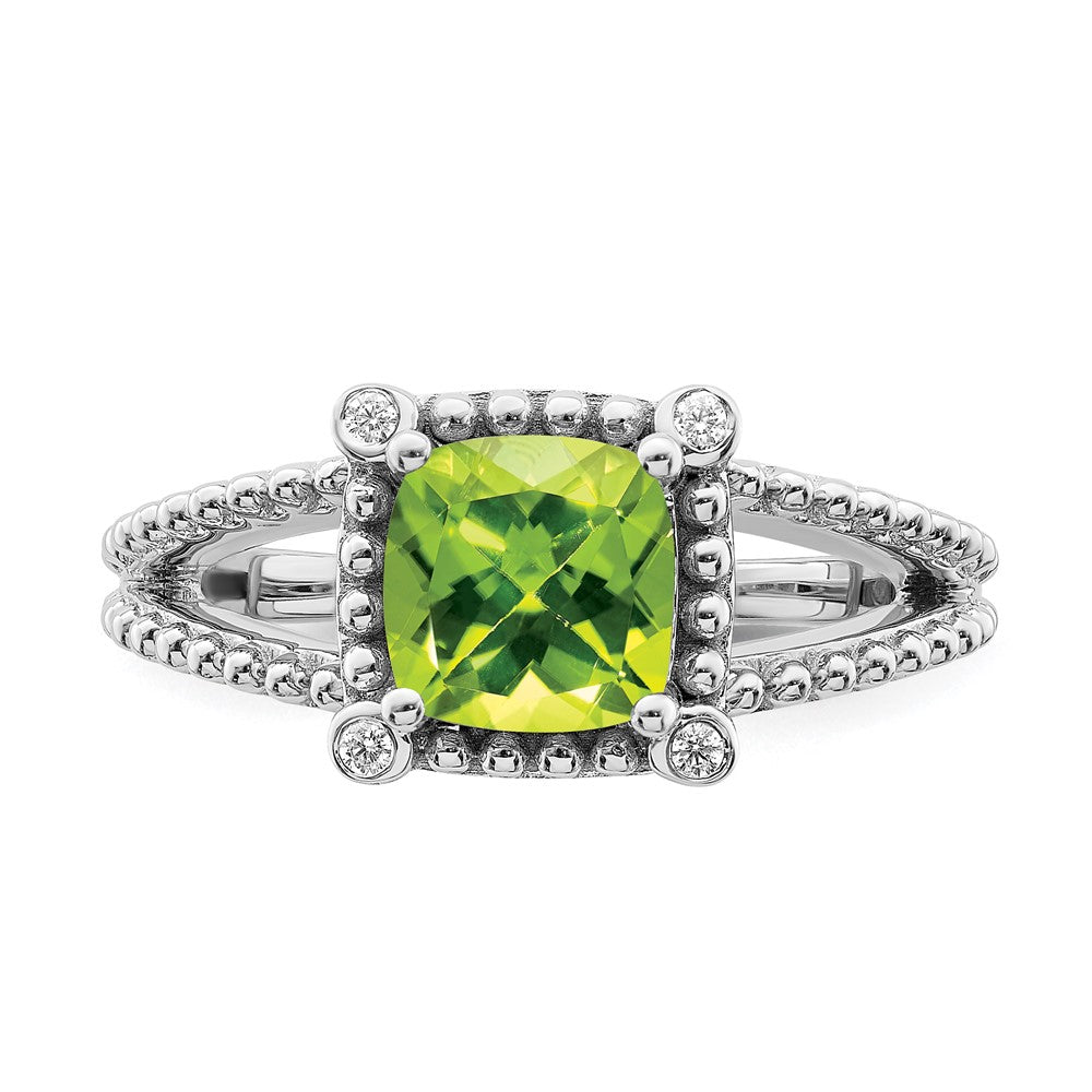 14k White Gold Cushion Peridot and Real Diamond Ring