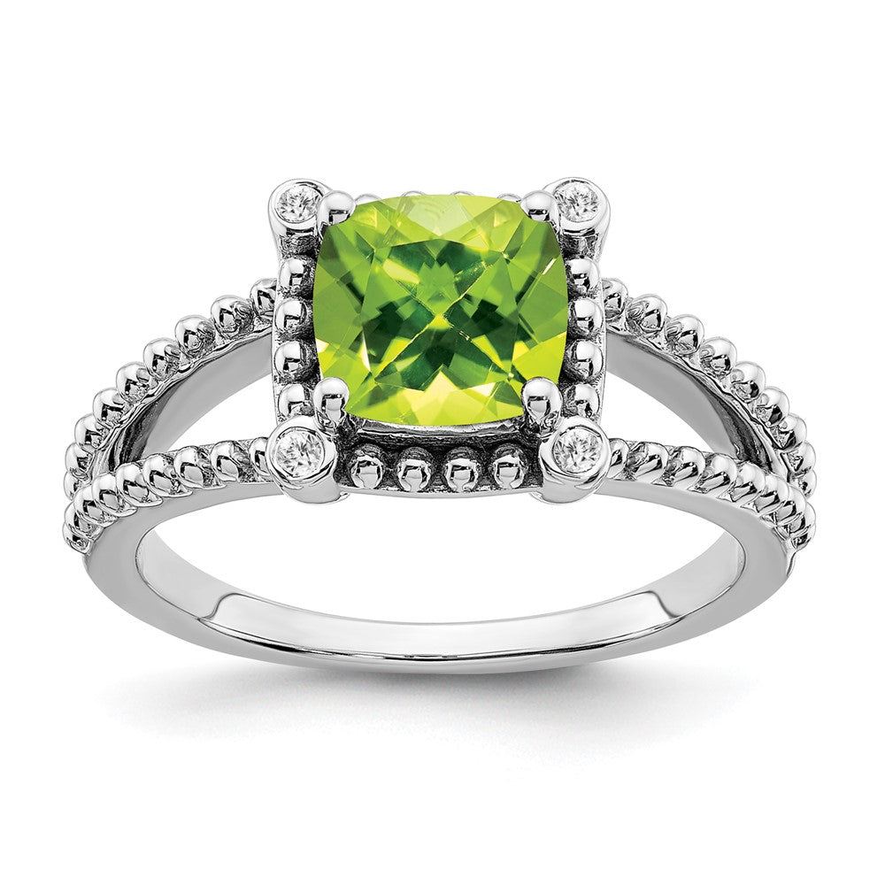 Solid 14k White Gold Cushion Simulated Peridot and CZ Ring