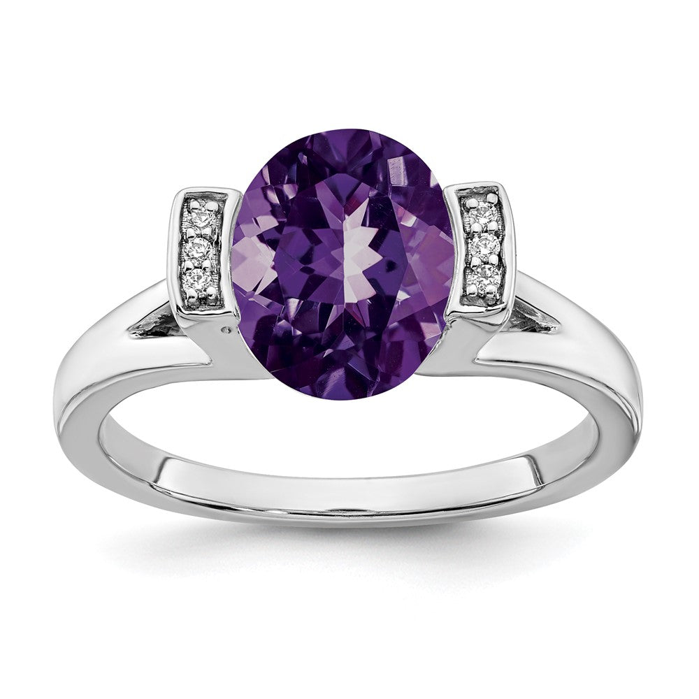 14k White Gold Oval Amethyst and Real Diamond Ring