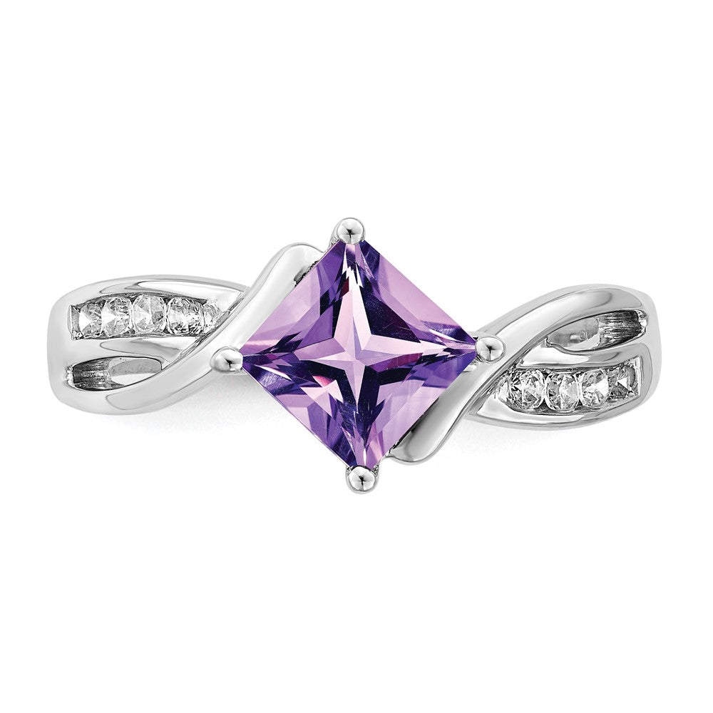 Solid 14k White Gold Square Simulated Amethyst and CZ Ring