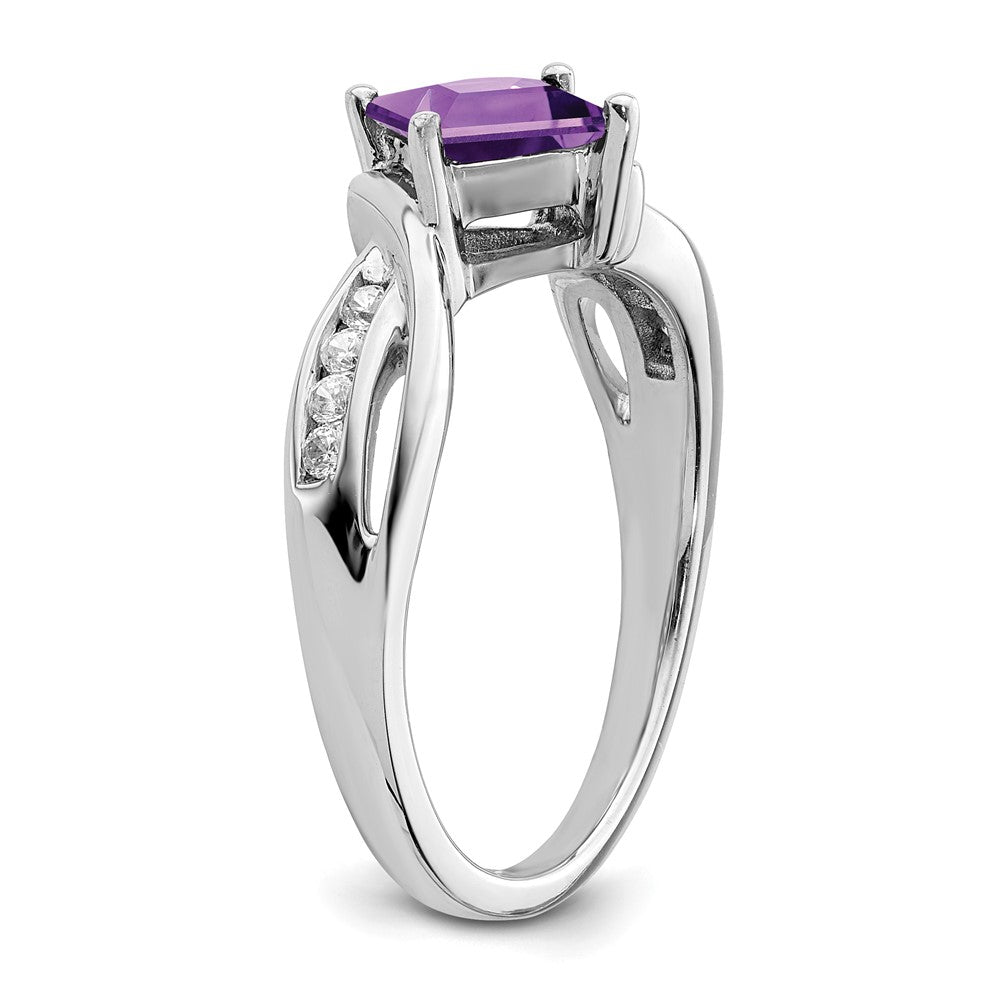 Solid 14k White Gold Square Simulated Amethyst and CZ Ring