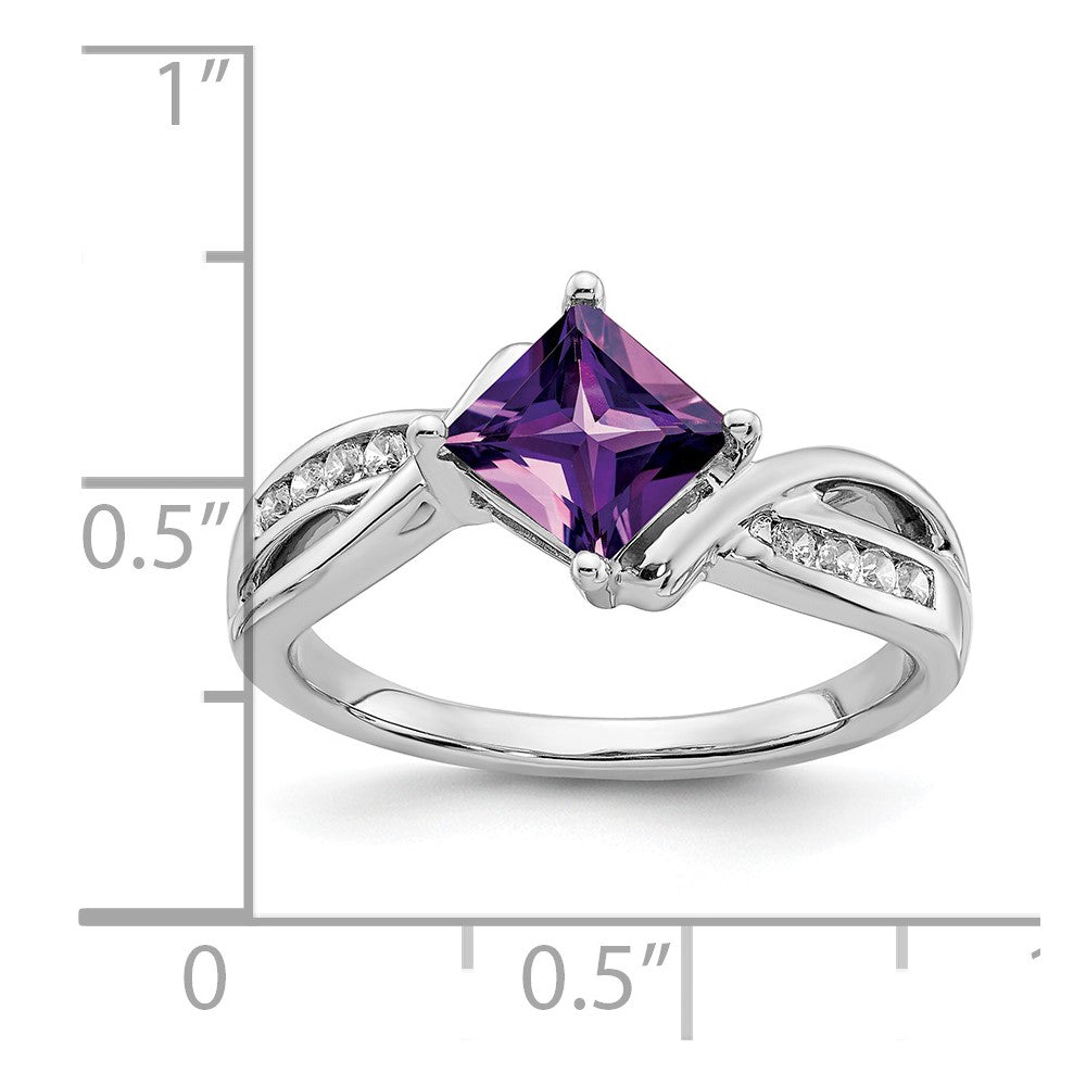 Solid 14k White Gold Square Simulated Amethyst and CZ Ring