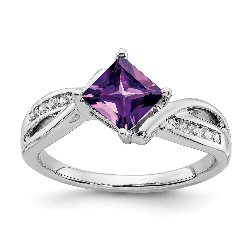 Solid 14k White Gold Square Simulated Amethyst and CZ Ring