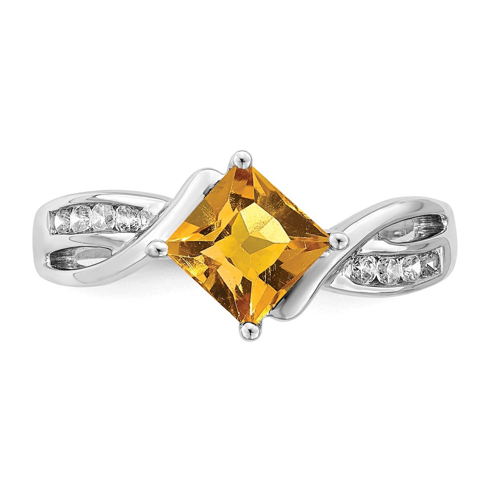 14k White Gold Square Citrine and Real Diamond Ring