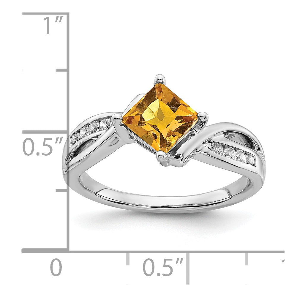 14k White Gold Square Citrine and Real Diamond Ring