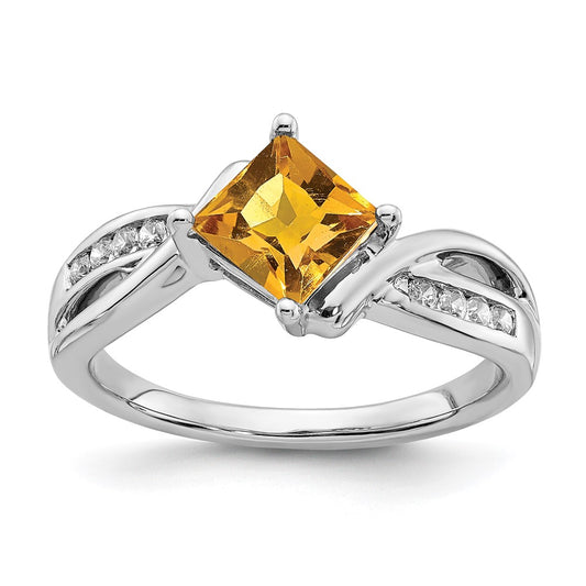 Solid 14k White Gold Square Simulated Citrine and CZ Ring