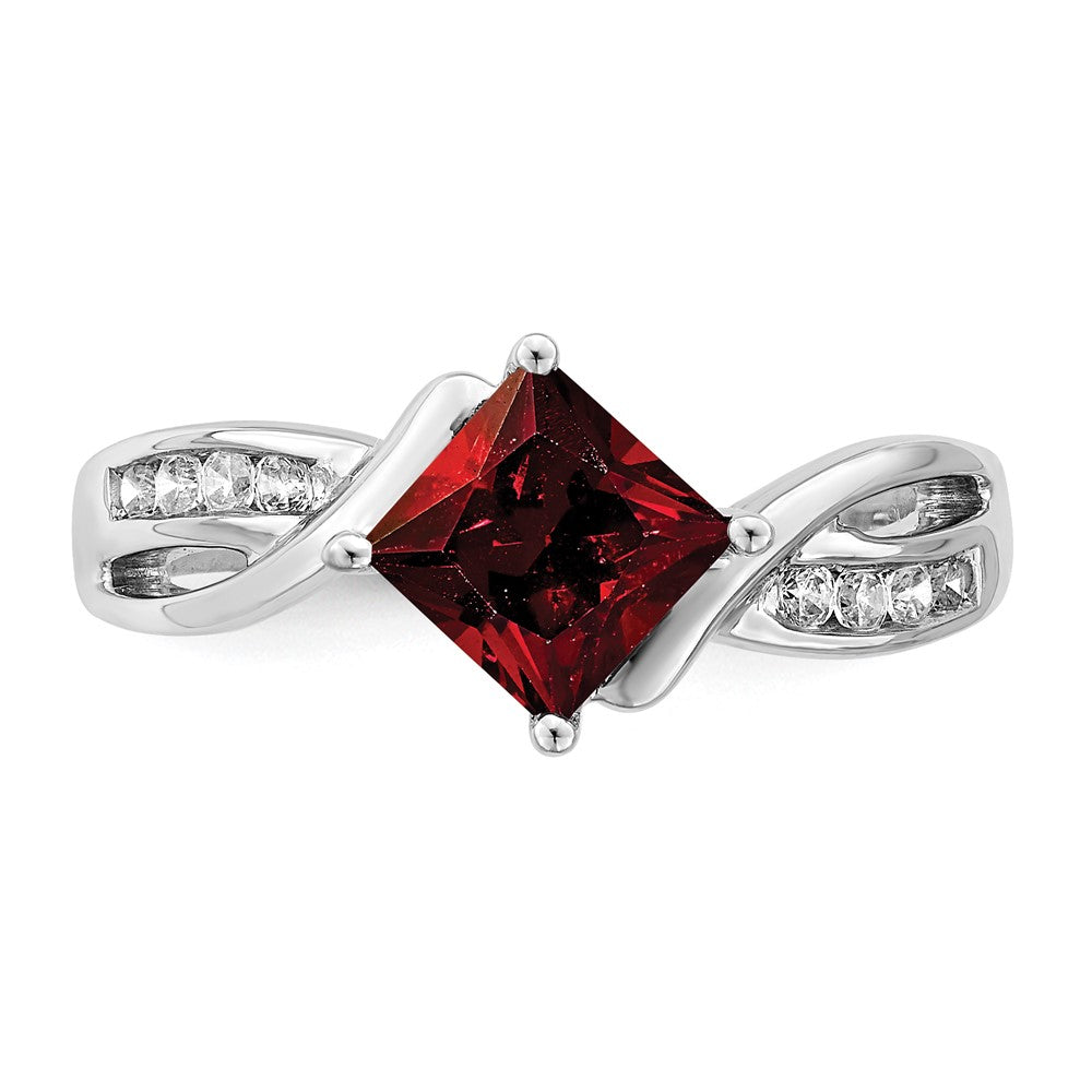 14k White Gold Square Garnet and Real Diamond Ring