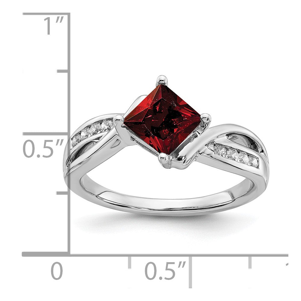 14k White Gold Square Garnet and Real Diamond Ring