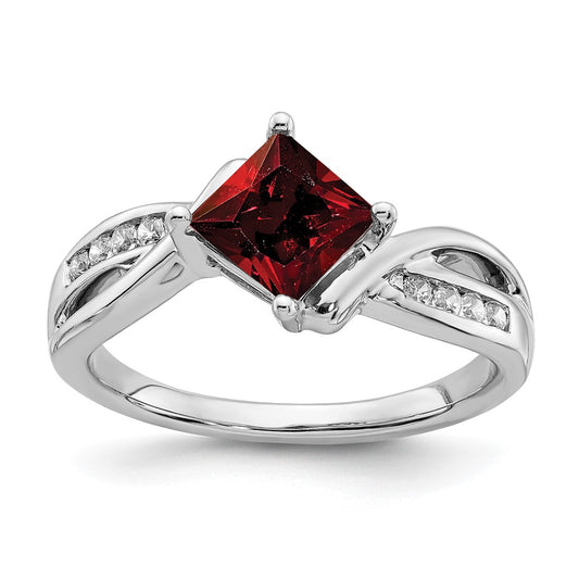 14k White Gold Square Garnet and Real Diamond Ring