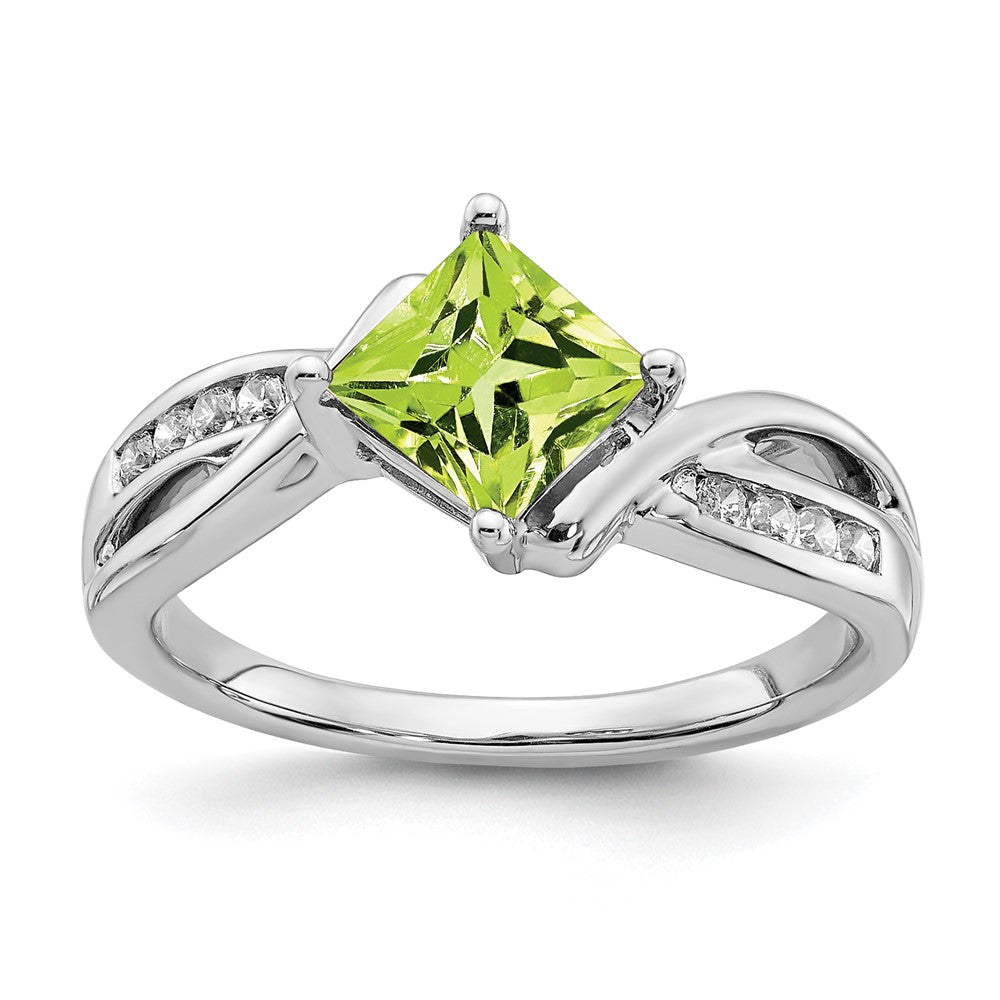 Solid 14k White Gold Square Simulated Peridot and CZ Ring